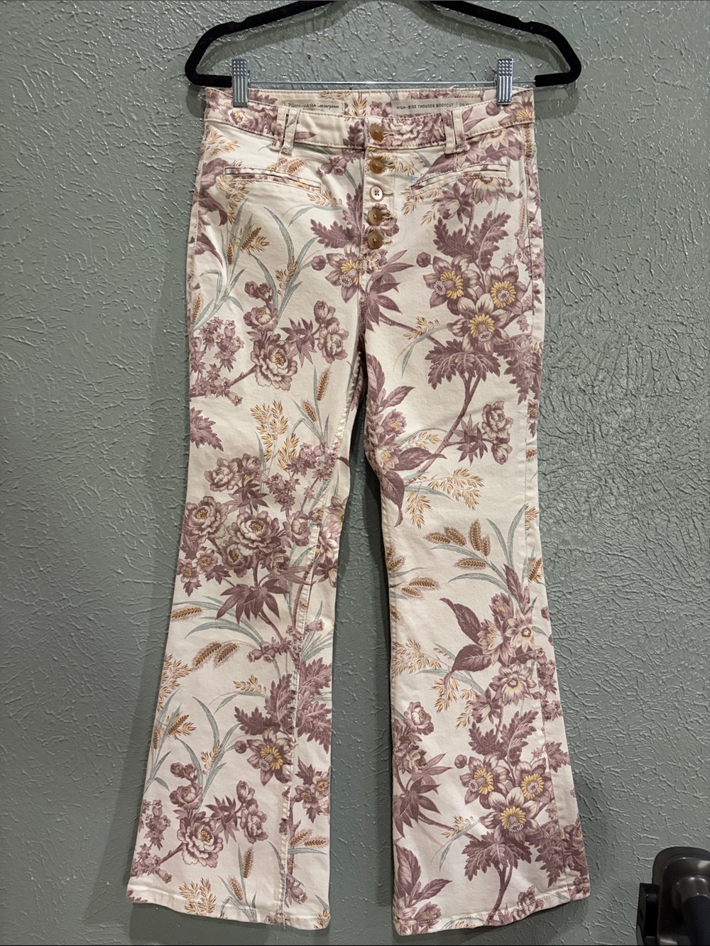 Pilcro Floral Print Flare Jeans in Cream and Mauve